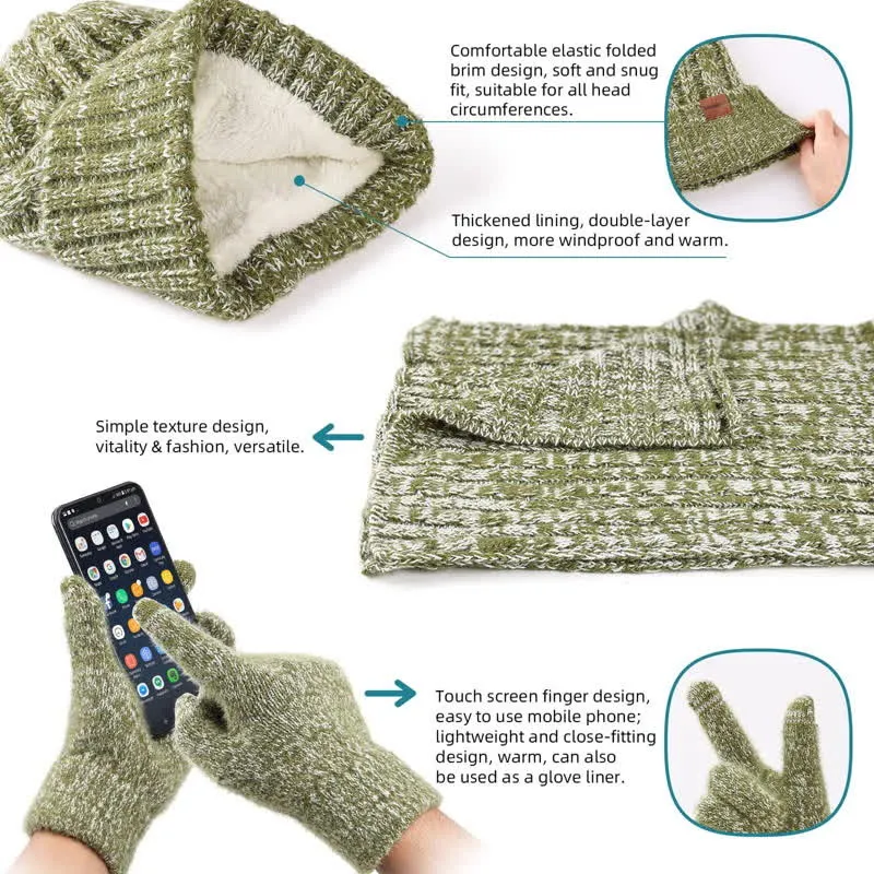 3Pcs Unisex Stylish Hat Long Scarf Touch Screen Gloves Set