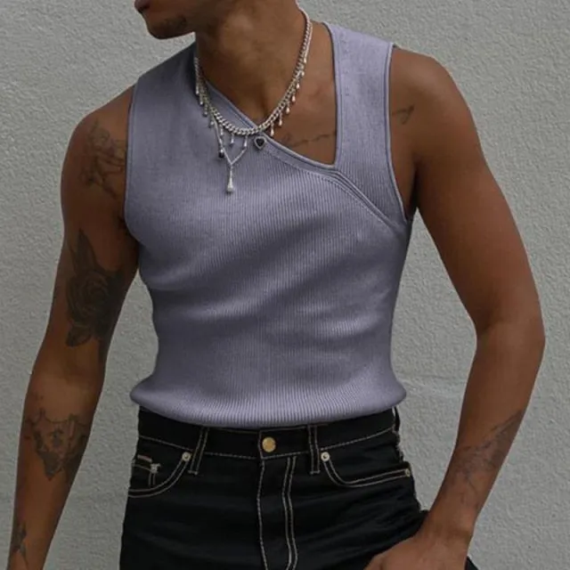 Aidase  Summer New Casual Knitted Tops Men Hipster Slash Neck Slim Vest Tee White Solid Sleeveless Fashion Tank Tops Men Streetwear