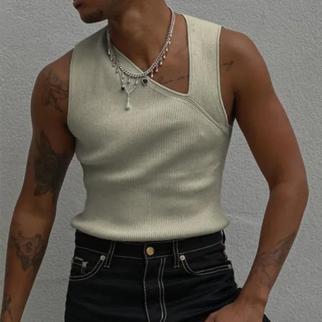 Aidase  Summer New Casual Knitted Tops Men Hipster Slash Neck Slim Vest Tee White Solid Sleeveless Fashion Tank Tops Men Streetwear