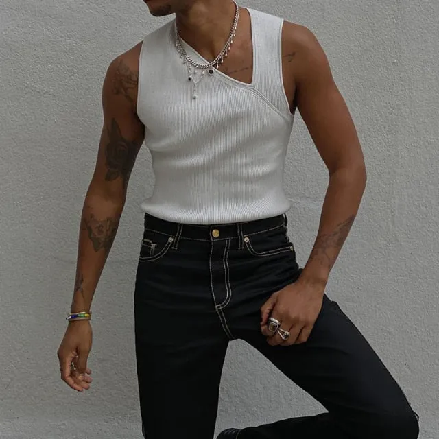 Aidase  Summer New Casual Knitted Tops Men Hipster Slash Neck Slim Vest Tee White Solid Sleeveless Fashion Tank Tops Men Streetwear