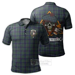 Allardice Tartan Polo Shirt with Family Crest and Bearded Skull Holding Bottles of Whiskey