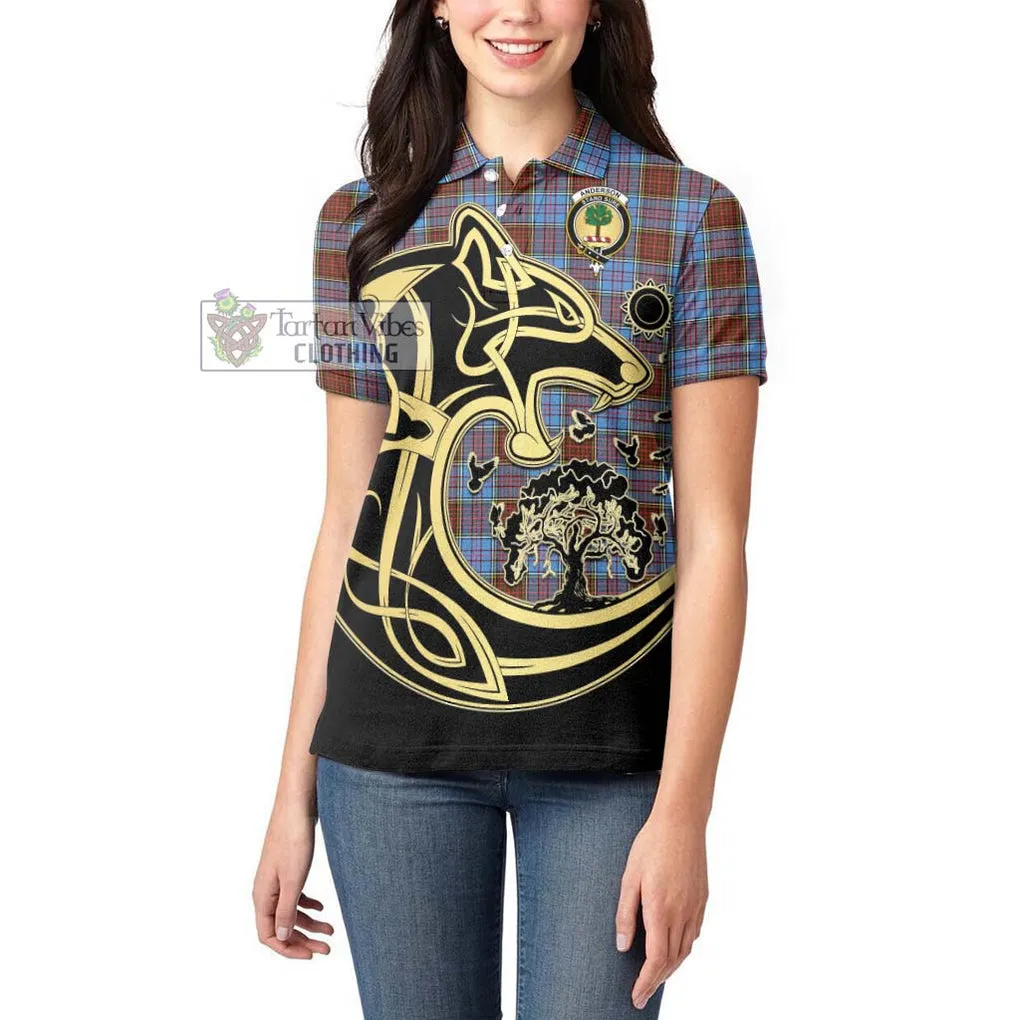 Anderson Modern Tartan Women's Polo Shirt with Family Crest Celtic Wolf Style