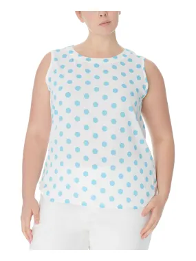 ANNE KLEIN Womens White Polka Dot Sleeveless Crew Neck Top