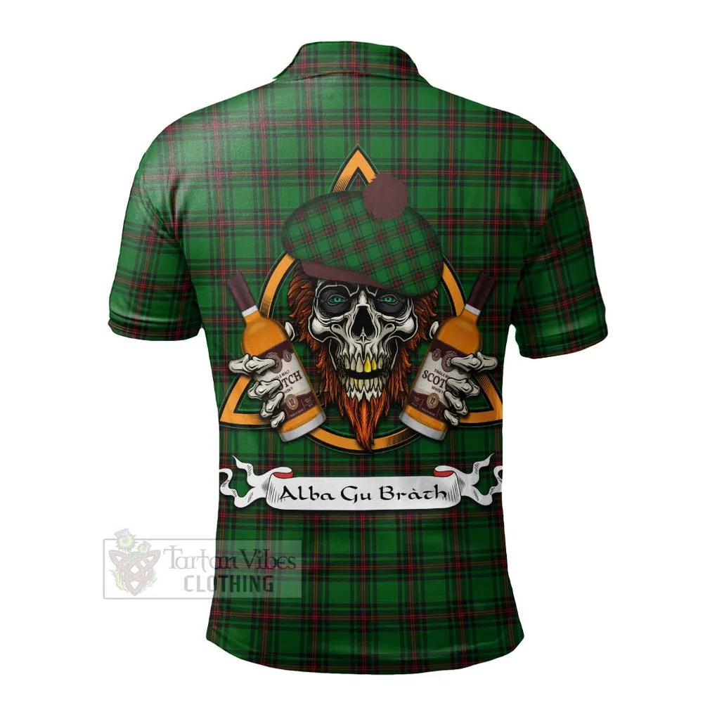 Anstruther Tartan Polo Shirt with Family Crest and Bearded Skull Holding Bottles of Whiskey