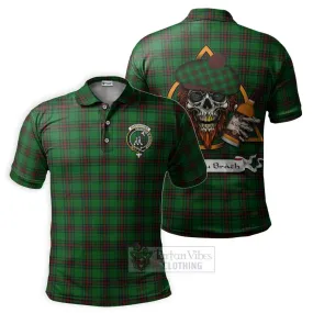 Anstruther Tartan Polo Shirt with Family Crest and Bearded Skull Holding Bottles of Whiskey