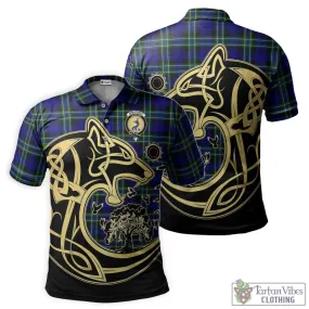 Arbuthnot Modern Tartan Polo Shirt with Family Crest Celtic Wolf Style