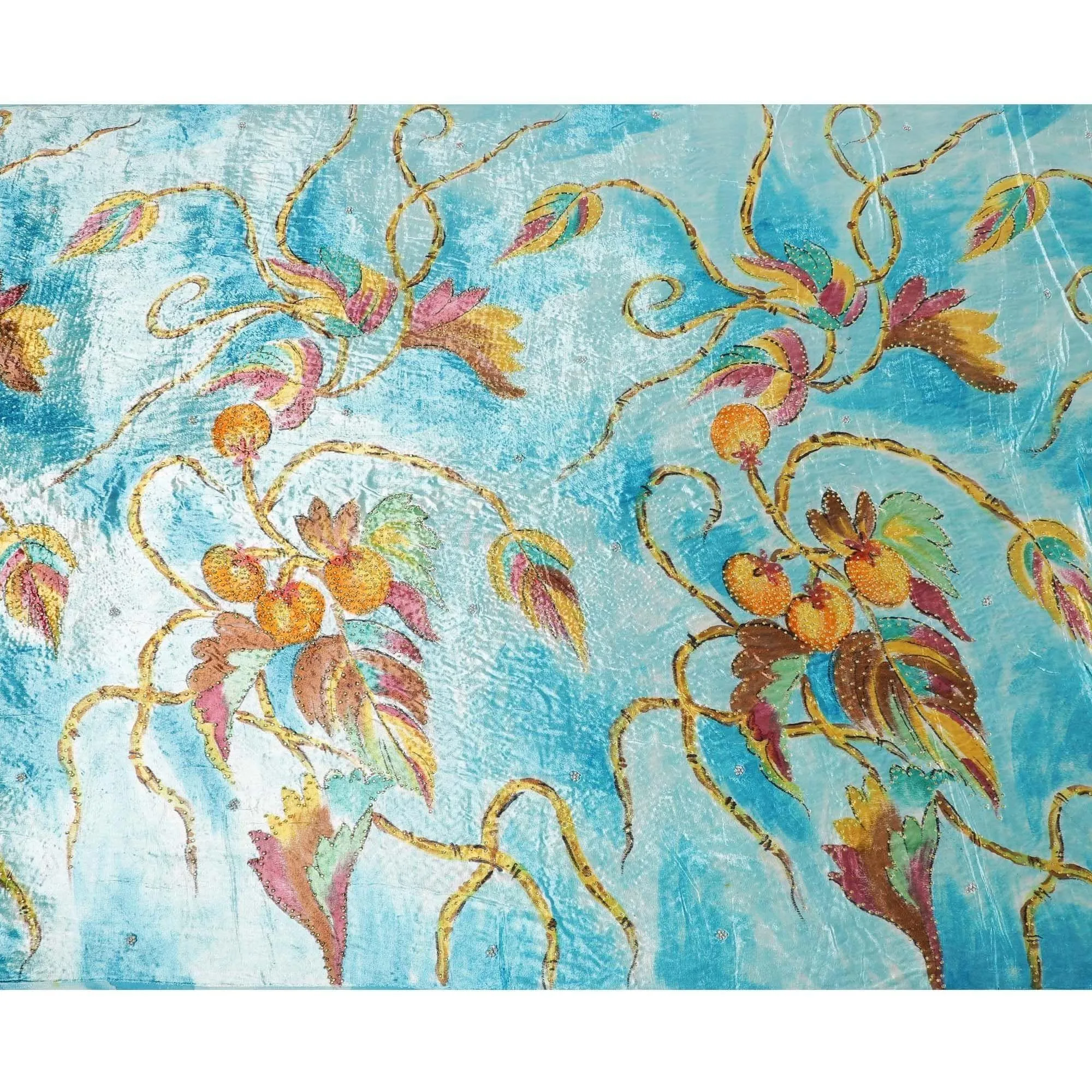 Arctic blue to sky blue Rayon velvet fabric with multicolor print having yellow and green stonework in leaf design