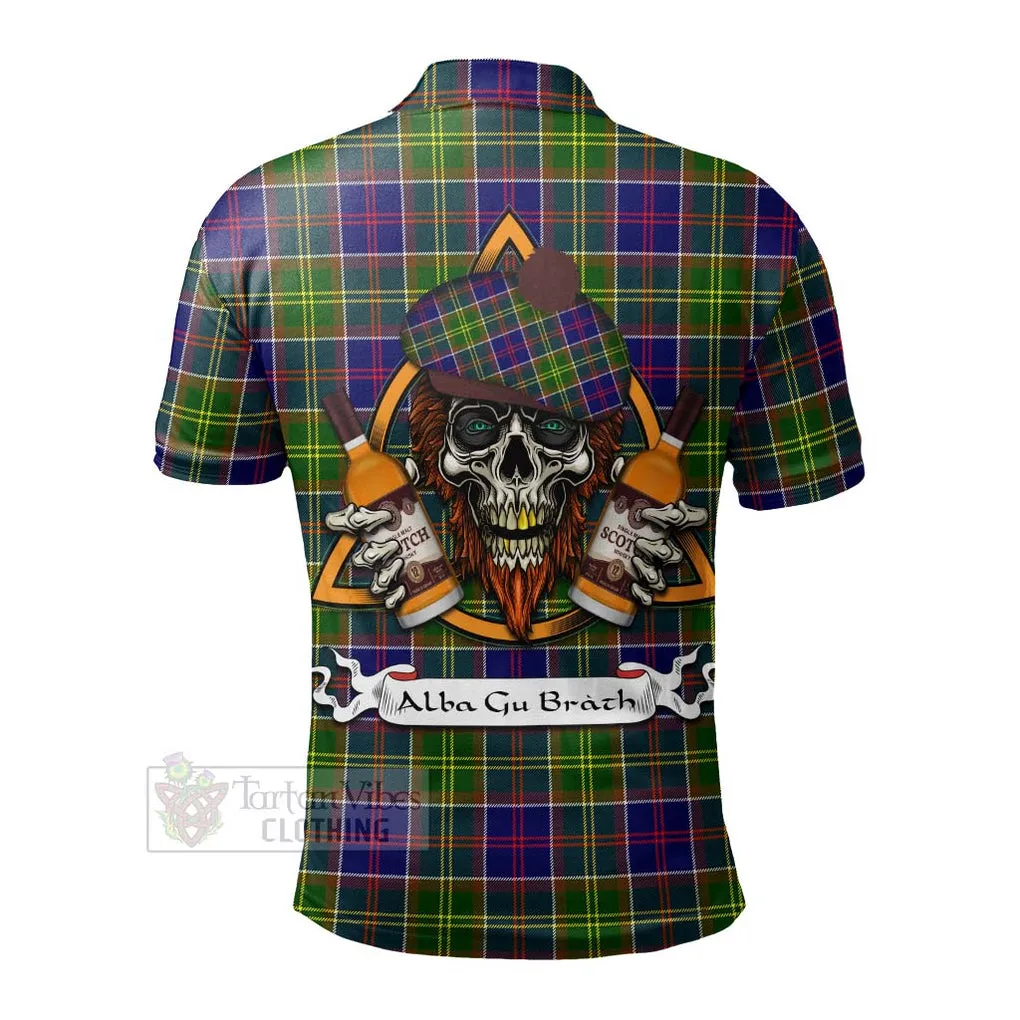 Arnott Tartan Polo Shirt with Family Crest and Bearded Skull Holding Bottles of Whiskey