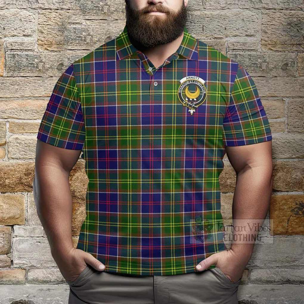 Arnott Tartan Polo Shirt with Family Crest and Bearded Skull Holding Bottles of Whiskey