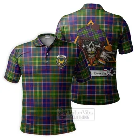 Arnott Tartan Polo Shirt with Family Crest and Bearded Skull Holding Bottles of Whiskey