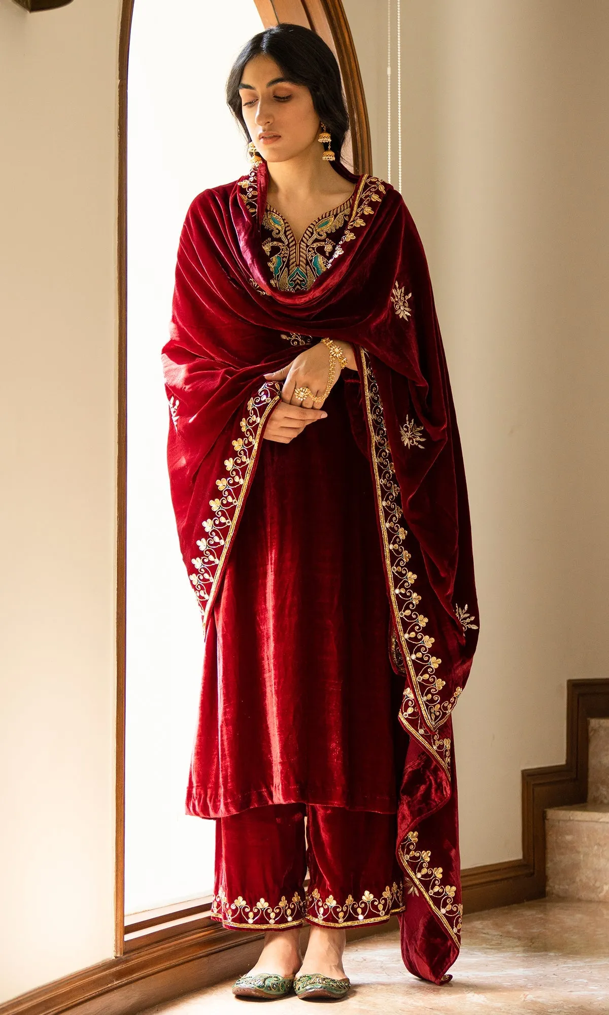 Bareen Embroidered - Red Silk Velvet Shawl