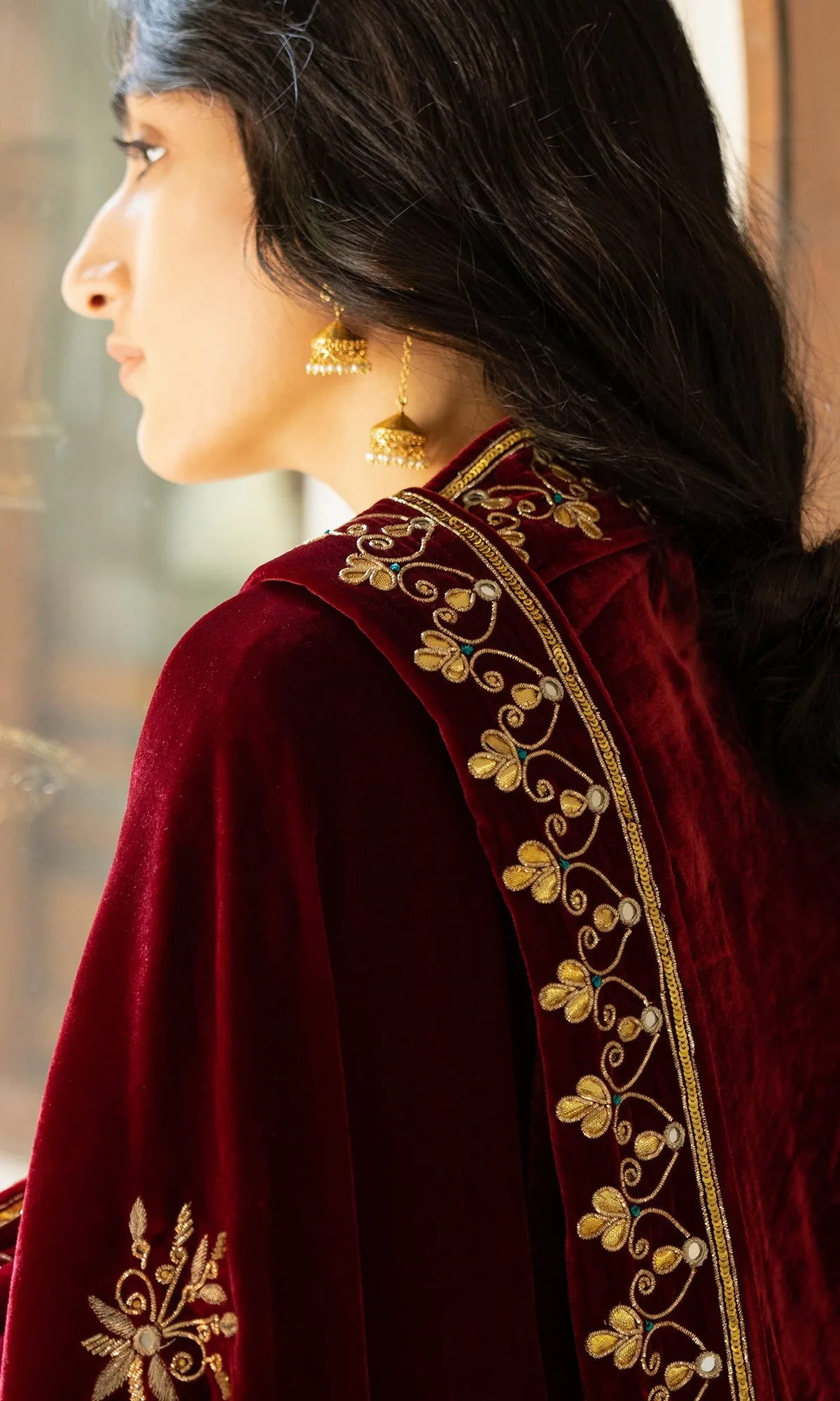 Bareen Embroidered - Red Silk Velvet Shawl