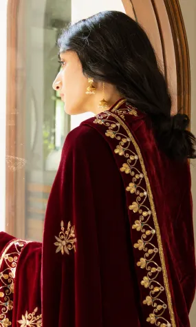 Bareen Embroidered - Red Silk Velvet Shawl