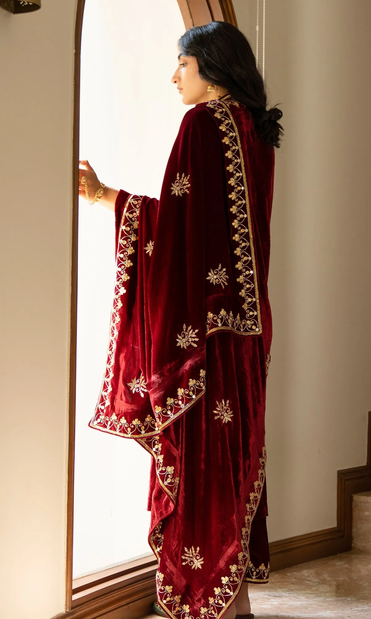 Bareen Embroidered - Red Silk Velvet Shawl