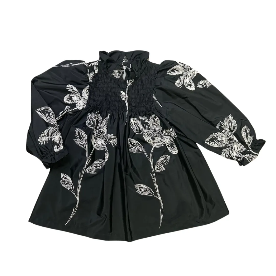 Black Taffeta Ivory Embroidered Flowers Dress