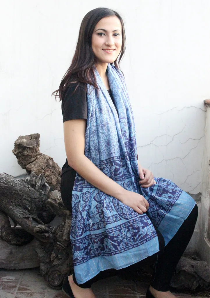 Blue Color Cotton Flower Print Scarf From Nepal