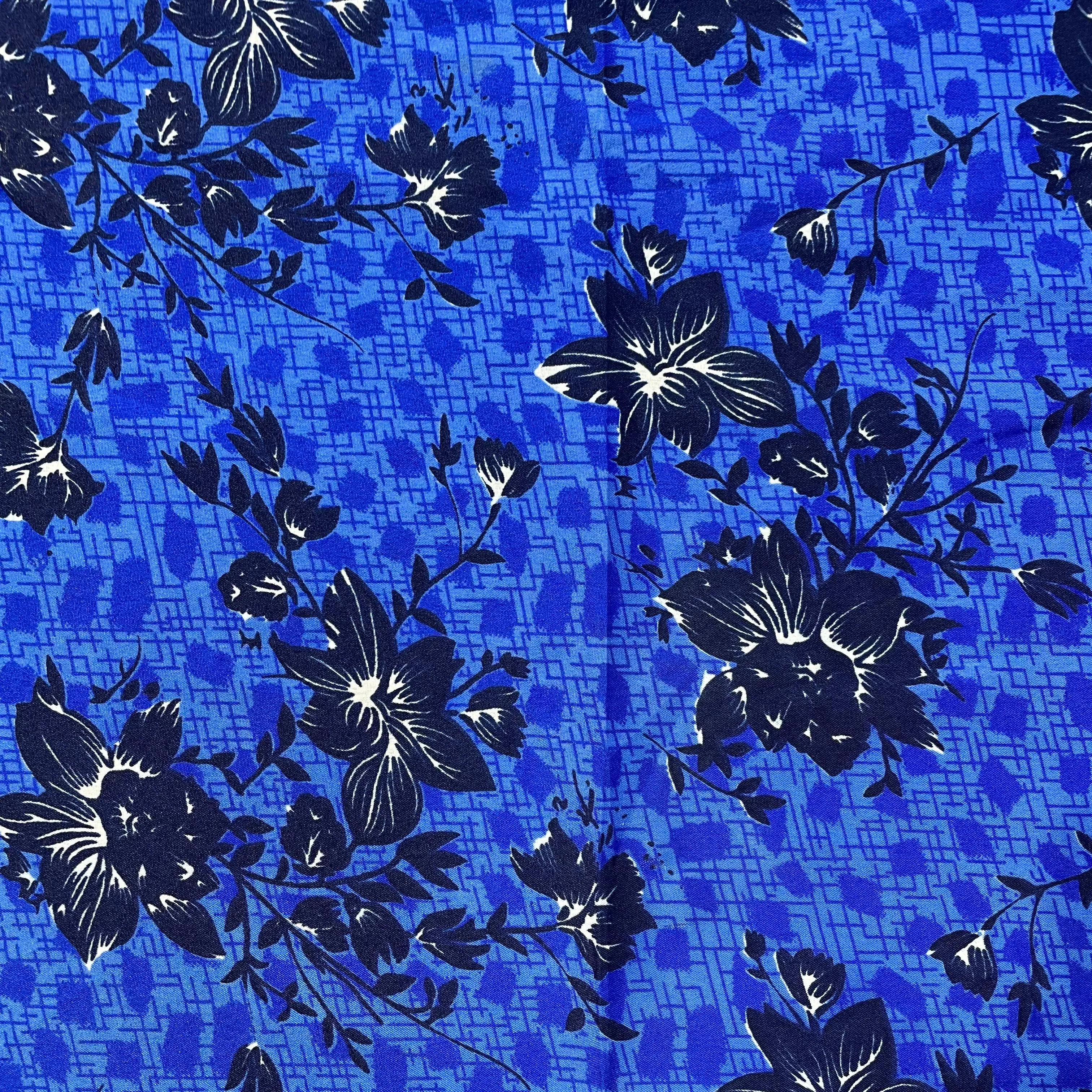 Blue With Navy Blue Floral Crepe Fabric