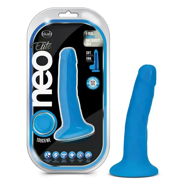 Blush Neo Elite 6 in. Silicone Dual Density Dildo with Suction Cup Neon Blue