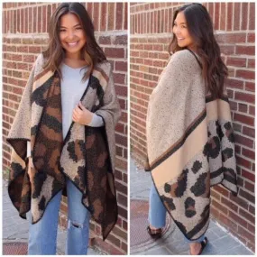 Brown Leopard Animal Printed Shawl Blanket Poncho Ruana Womens One size