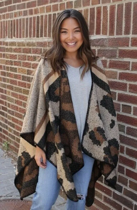 Brown Leopard Animal Printed Shawl Blanket Poncho Ruana Womens One size