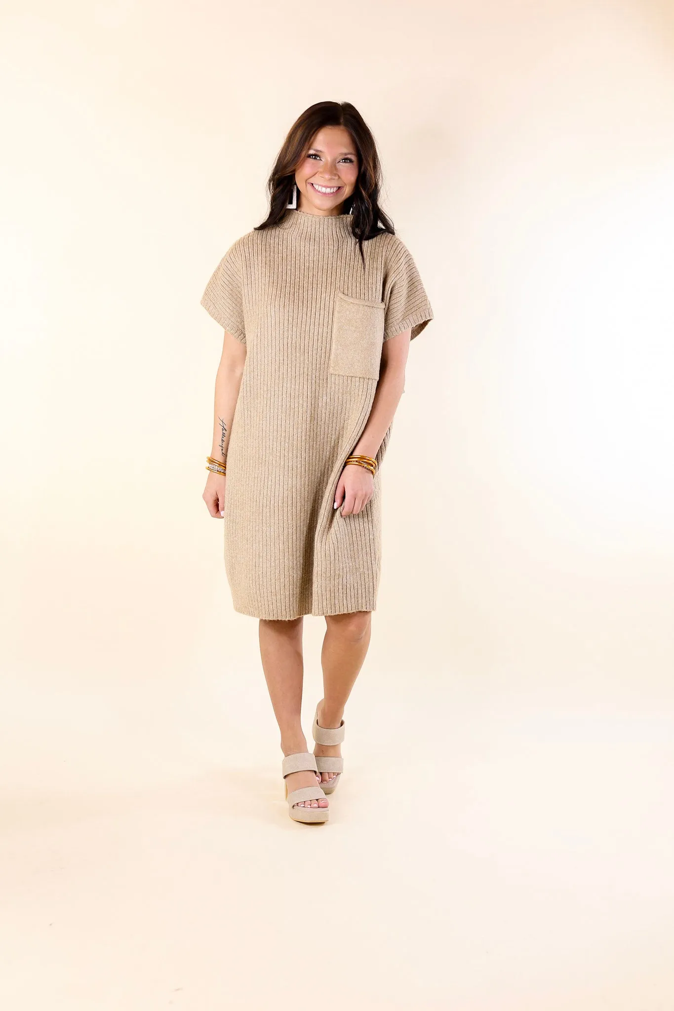 City Sights Cap Sleeve Sweater Dress in Oatmeal Beige