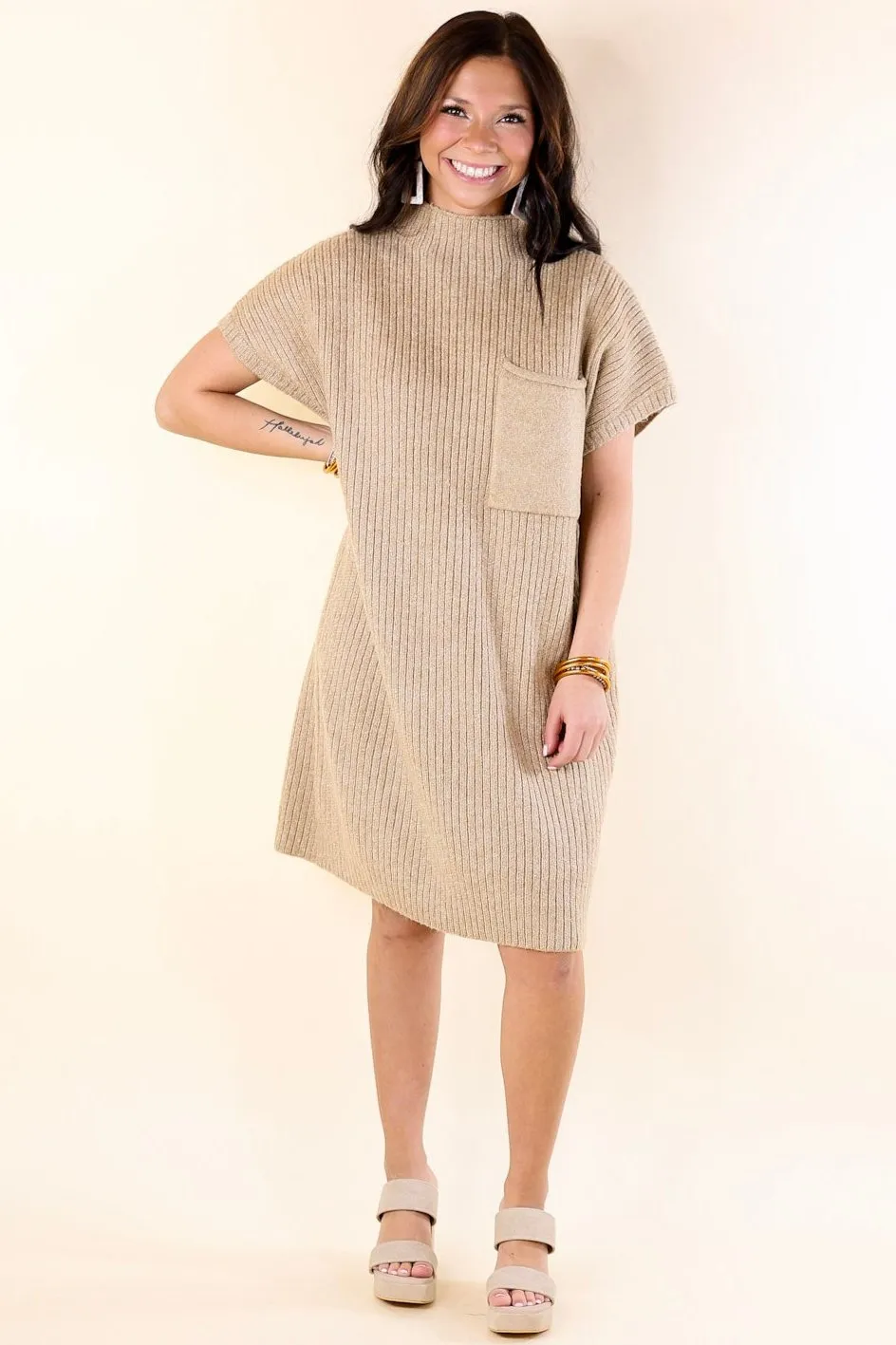 City Sights Cap Sleeve Sweater Dress in Oatmeal Beige