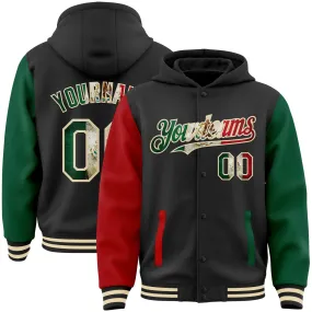 Custom Black Vintage Mexican Flag Kelly Green Red-Cream Bomber Full-Snap Varsity Letterman Two Tone Hoodie Jacket