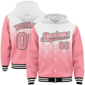 Custom White Medium Pink-Black Gradient Square Shape 3D Pattern Design Bomber Full-Snap Varsity Letterman Hoodie Jacket