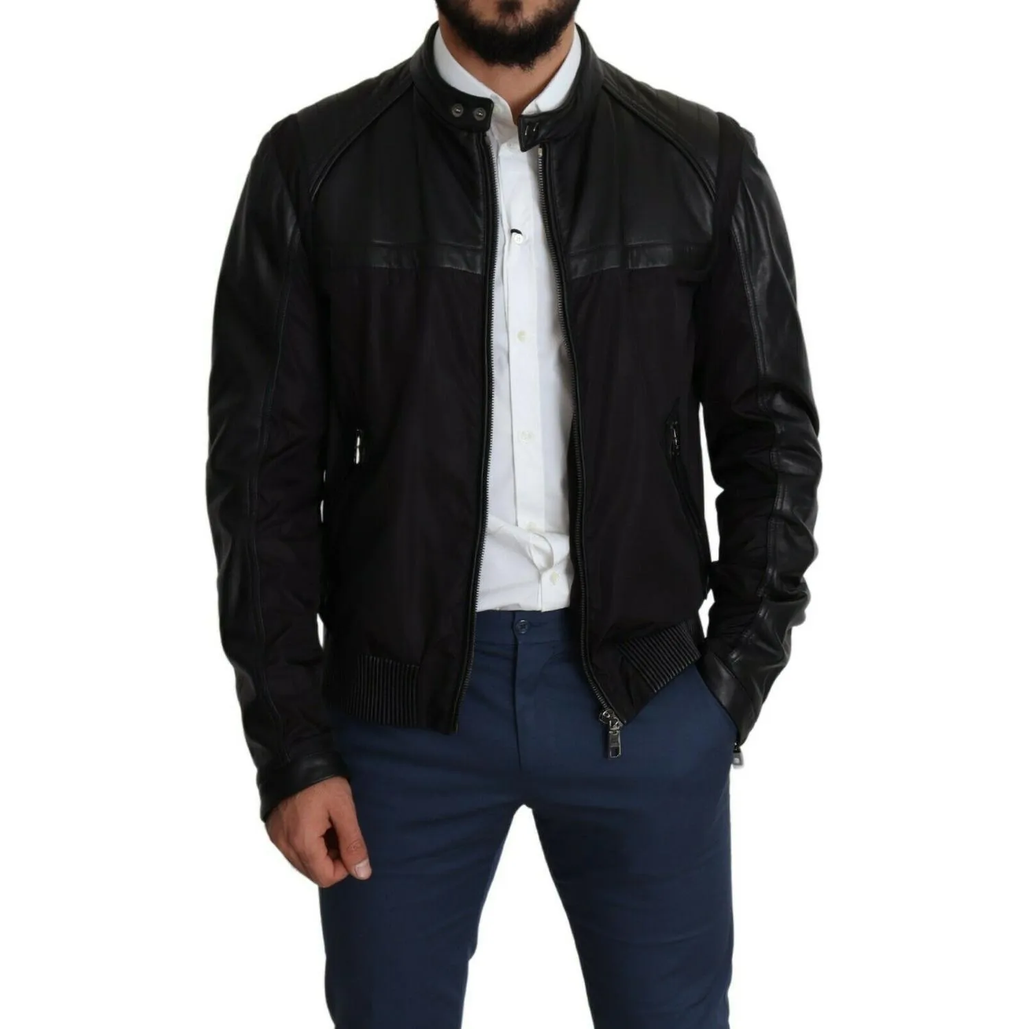 Dolce & Gabbana Elegant Black Bomber with Leather Accents