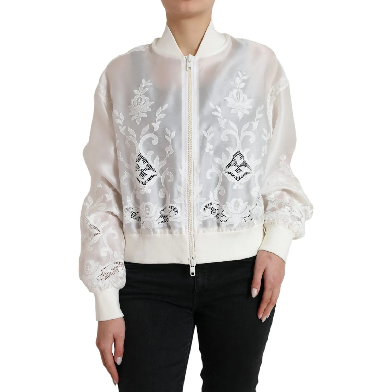 Dolce & Gabbana Elegant White Silk Bomber Jacket