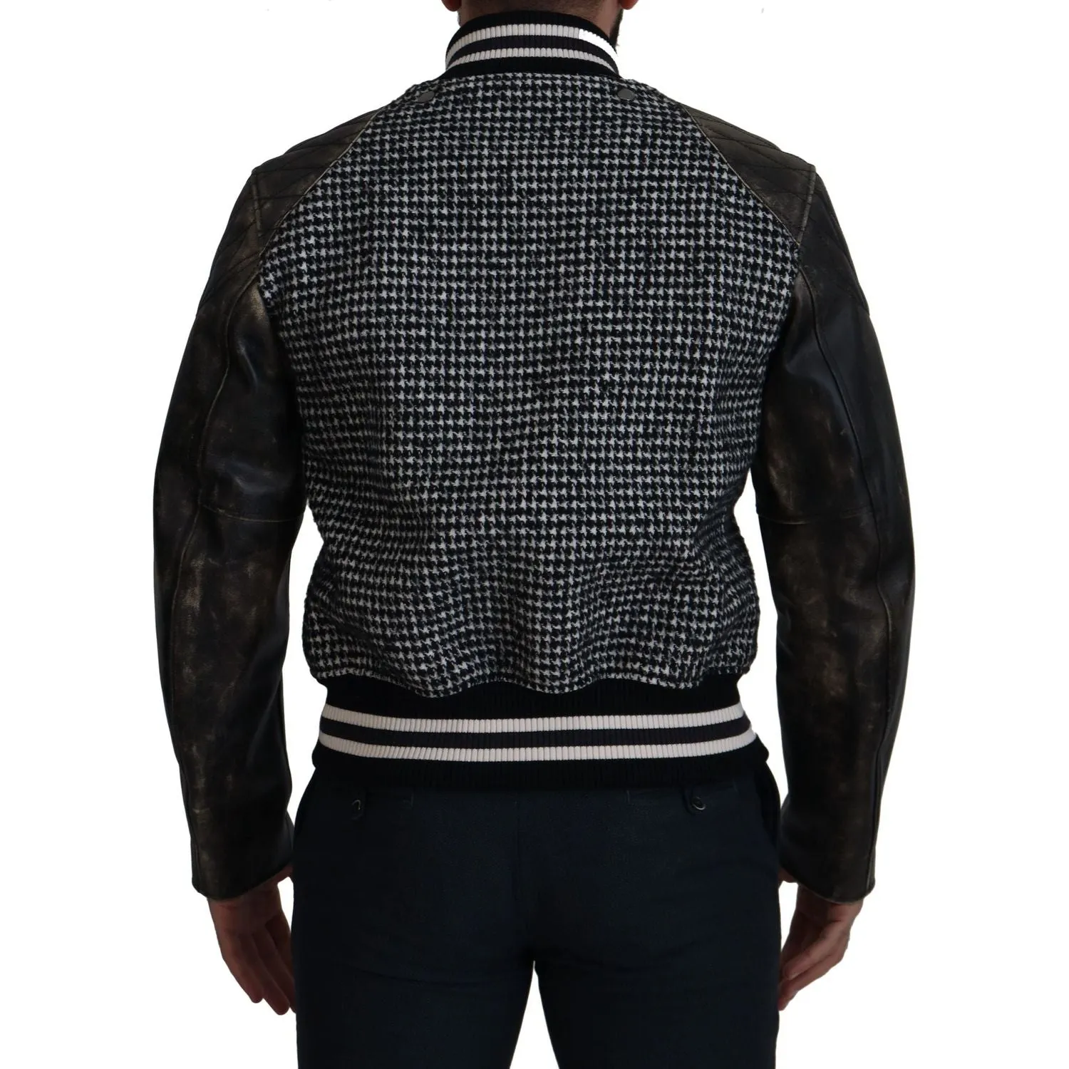 Dolce & Gabbana Multicolor Houndstooth Leather Bomber Jacket