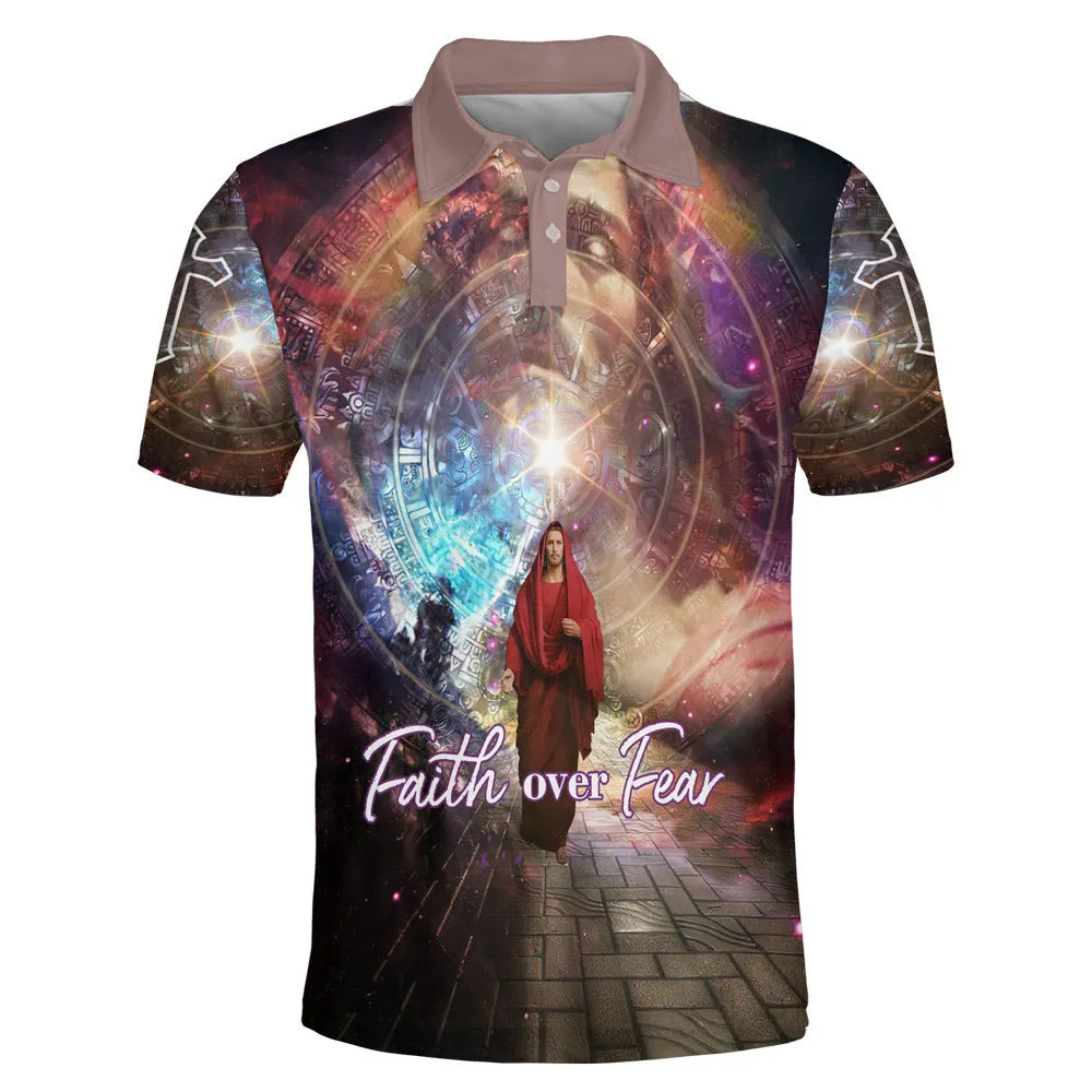 Faith Over Fear Jesus Potrait Polo Shirt - Christian Shirts & Shorts