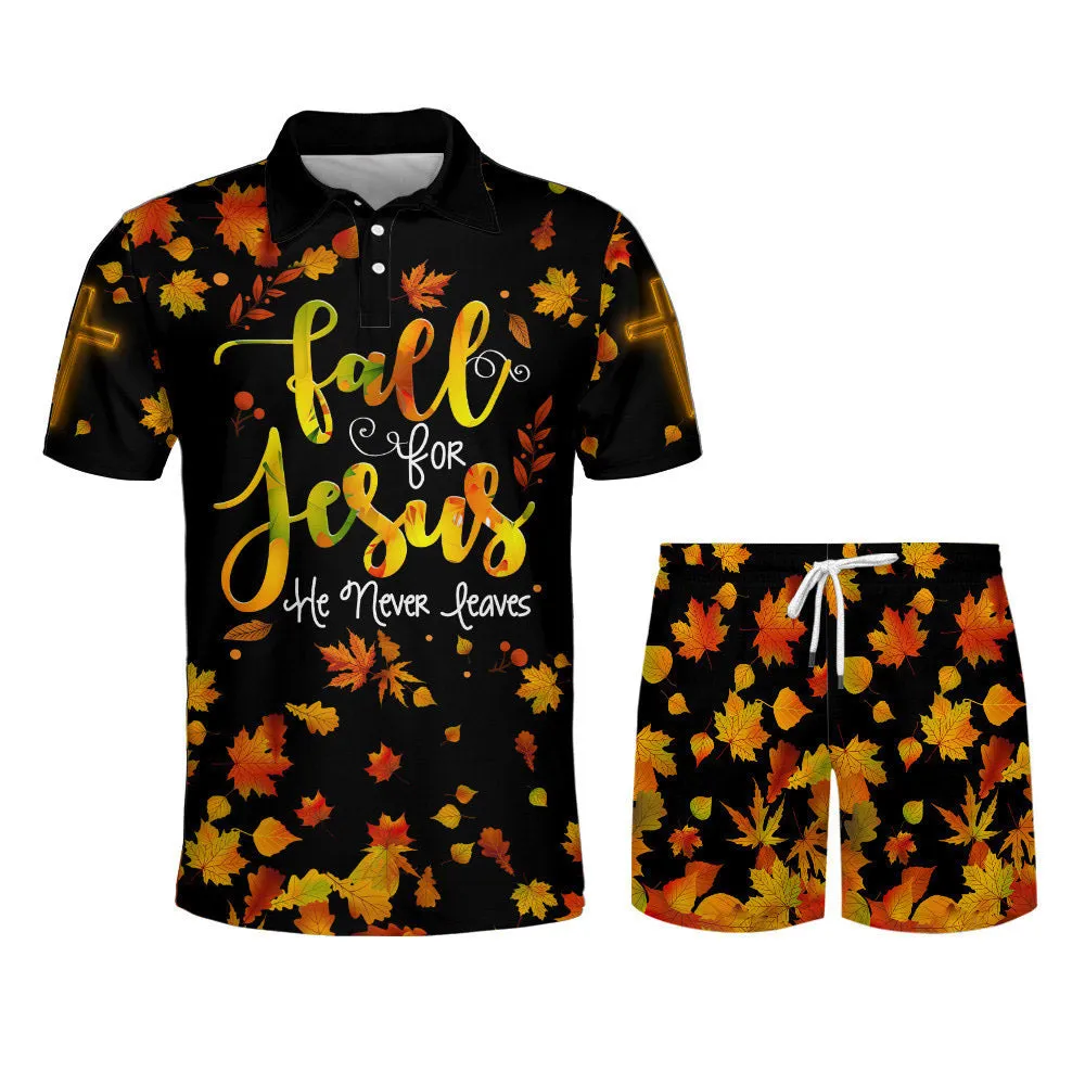 Fall For Jesus He Never Leaves Cross Polo Shirt - Christian Shirts & Shorts