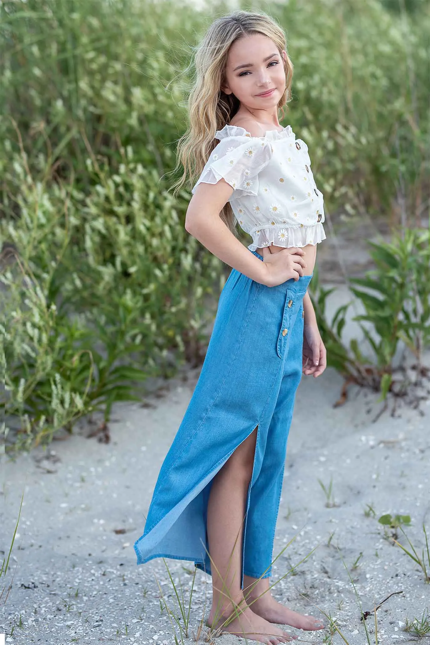 Girls Front Slit Chambray Culottes