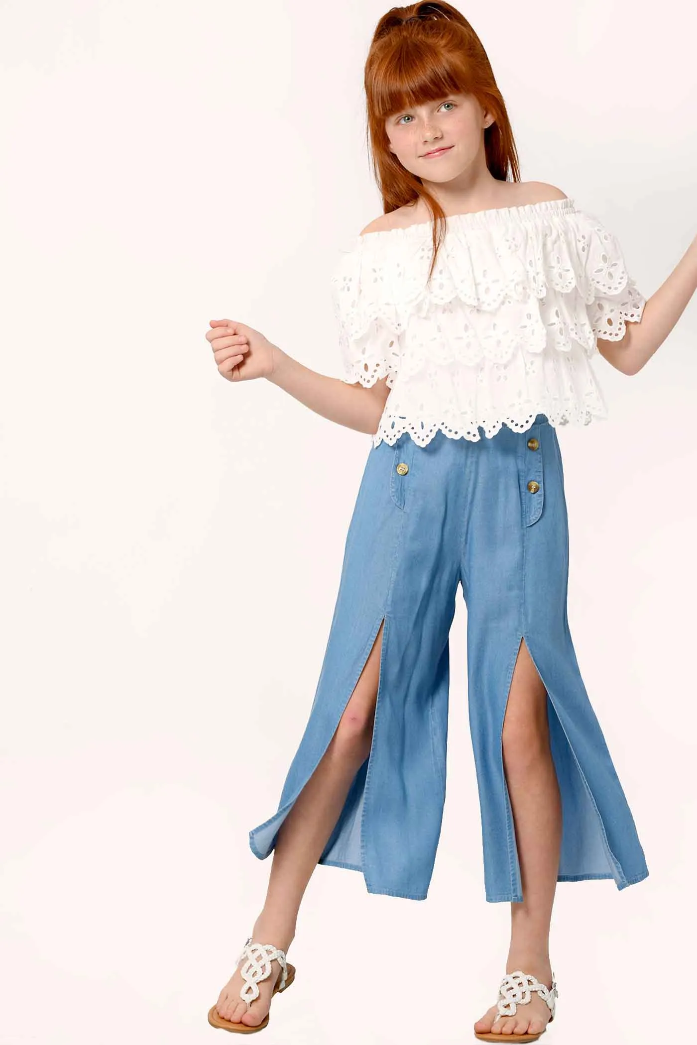 Girls Front Slit Chambray Culottes