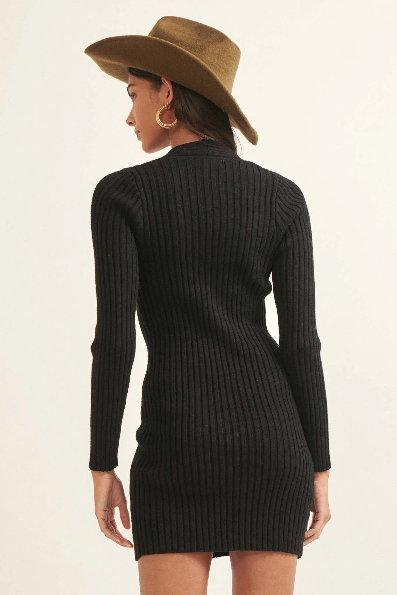 Going Vogue Rib-Knit Keyhole Mini Sweater Dress