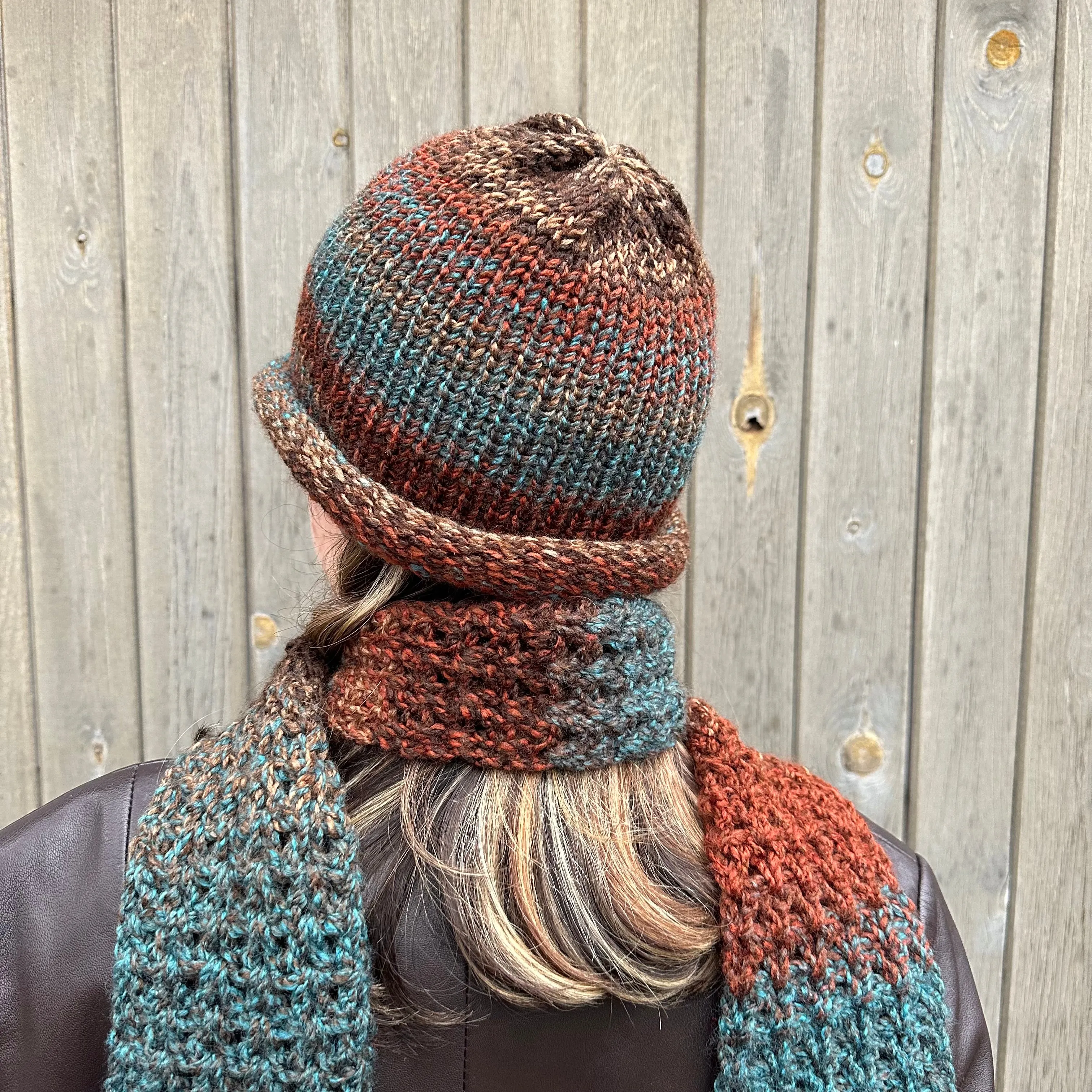 Handmade knitted brown and blue ombré beanie