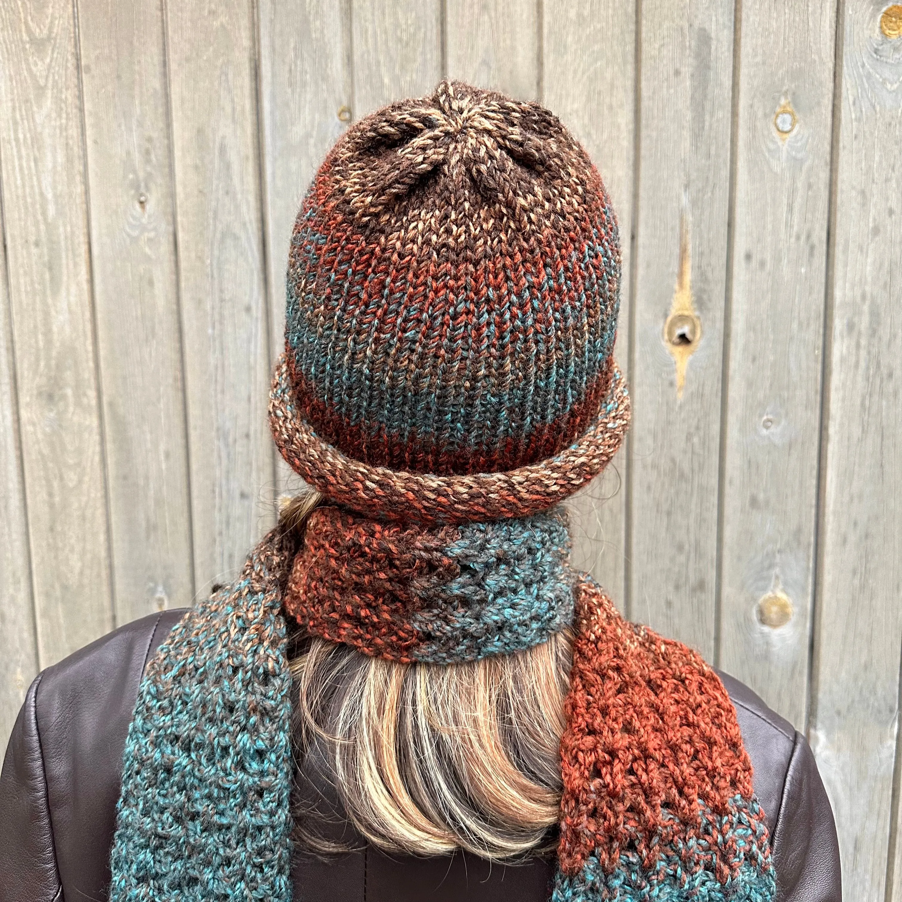 Handmade knitted brown and blue ombré beanie