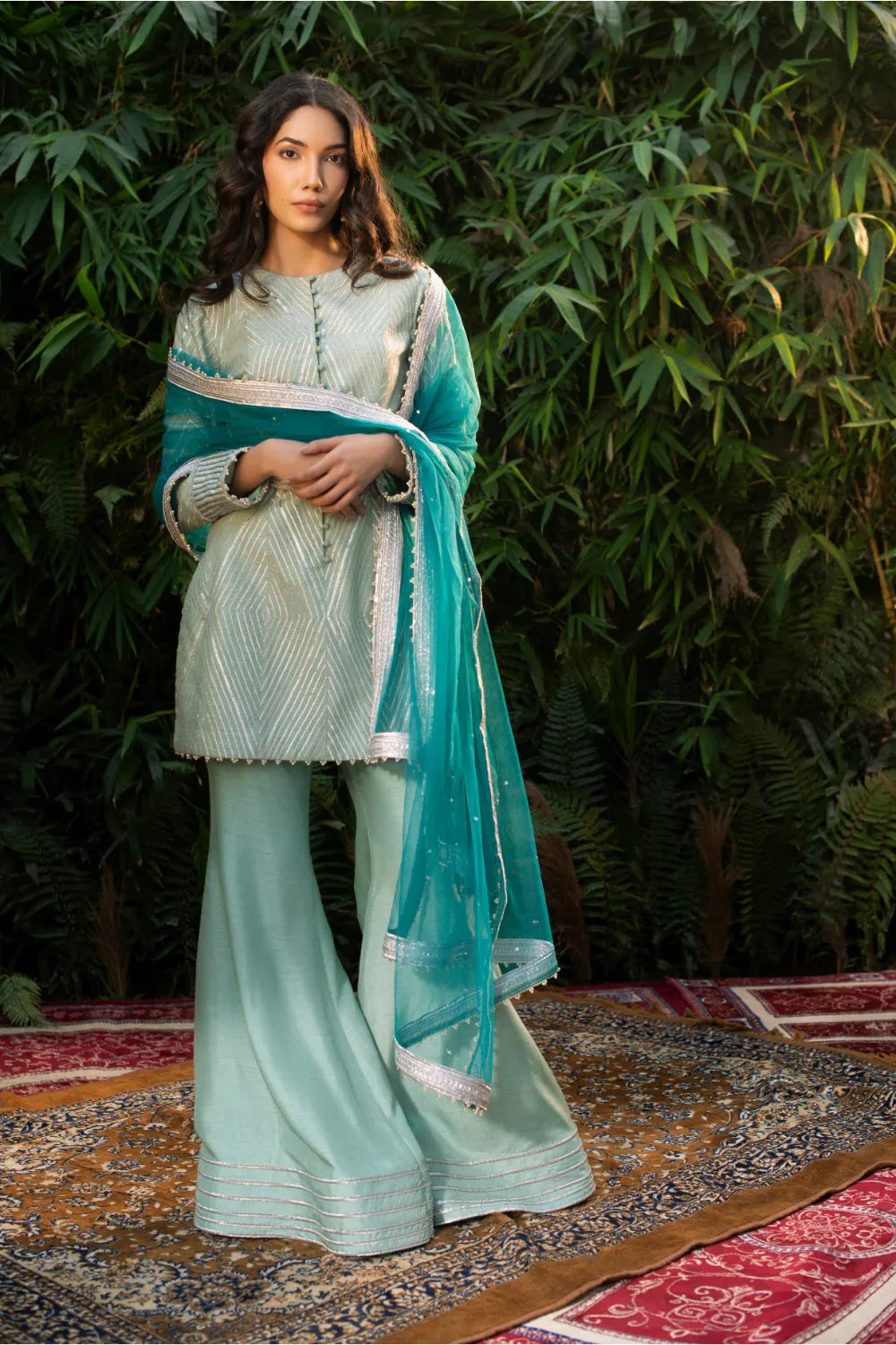 Ice Blue Raw Silk Kurti With Culottes Pants And Dupatta