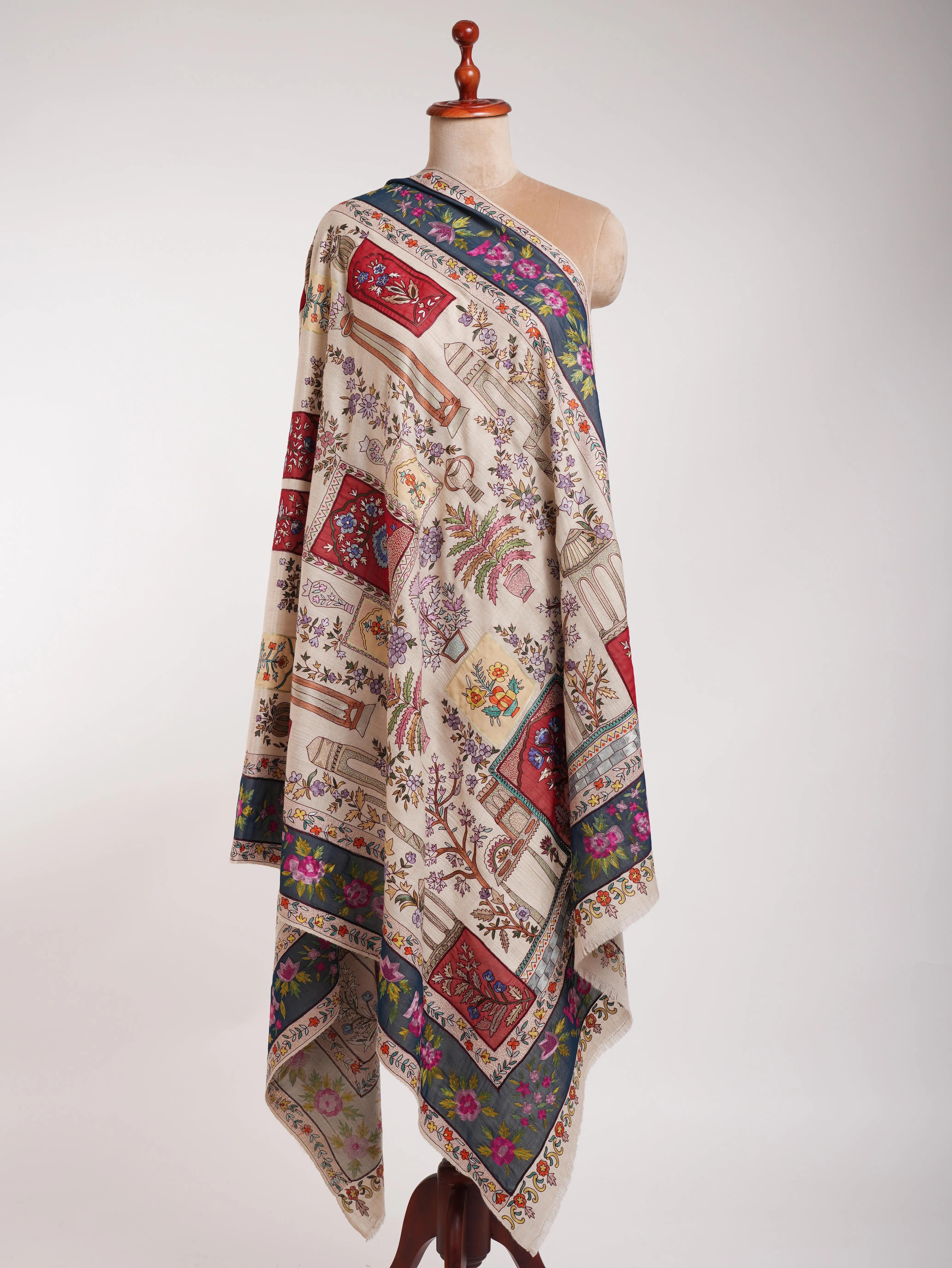 Ivory Hand Embroidered Indian Pashmina Shawl