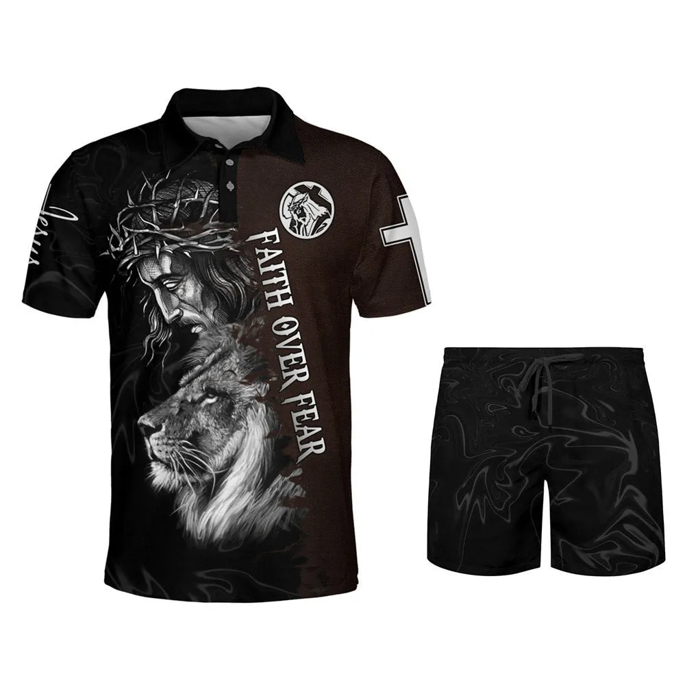 Jesus And Lion Faith Over Fear Polo Shirt - Christian Shirts & Shorts