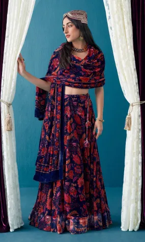 Khizaan Chintz Midnight Blue Velvet Lehenga Set With Shawl  Set Of 3