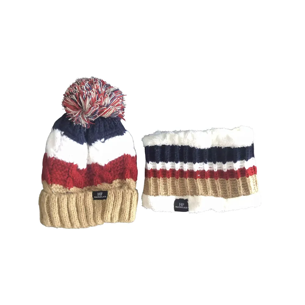 KIDS Beanie & Scarf - Unisex Stripe Taupe 3-10yr