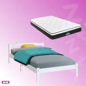 King Single Package | Gibson Wooden Bed Frame White & Bonita Euro Top Mattress (Medium Firm)