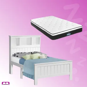 King Single Package | Kids Conqueror Wooden Bed Frame with Shelving White & Bonita Euro Top Mattress (Medium Firm)