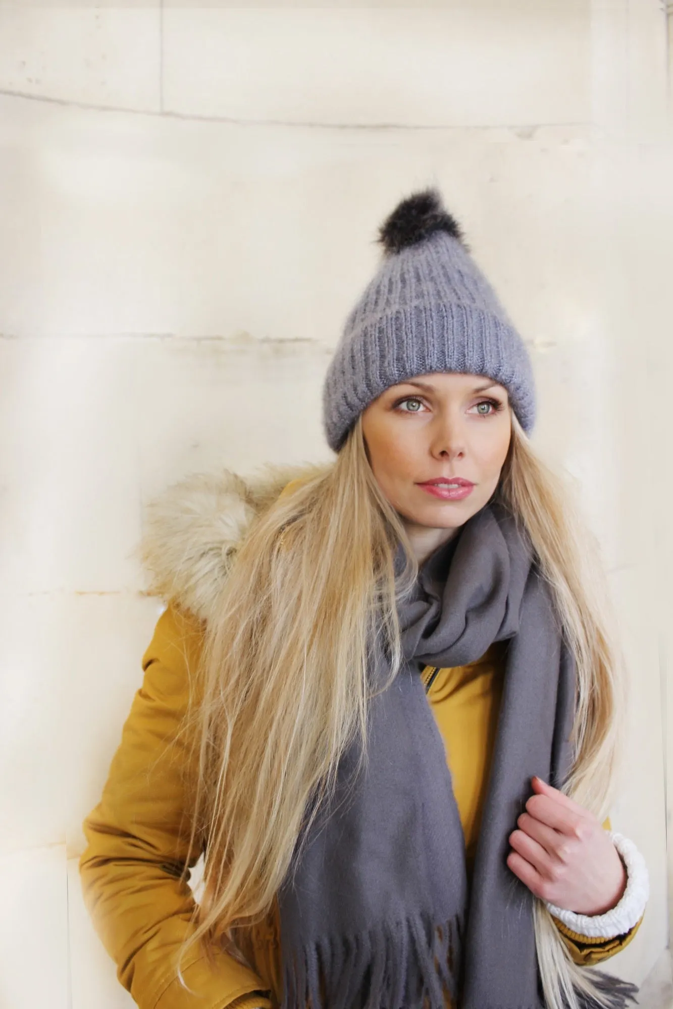 Light Grey Pom  Pom Beanie Hat