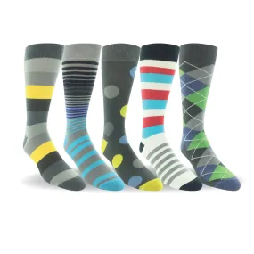 Men 5 Pairs Cotton Crew Dress Socks Colourful  Flat Knit