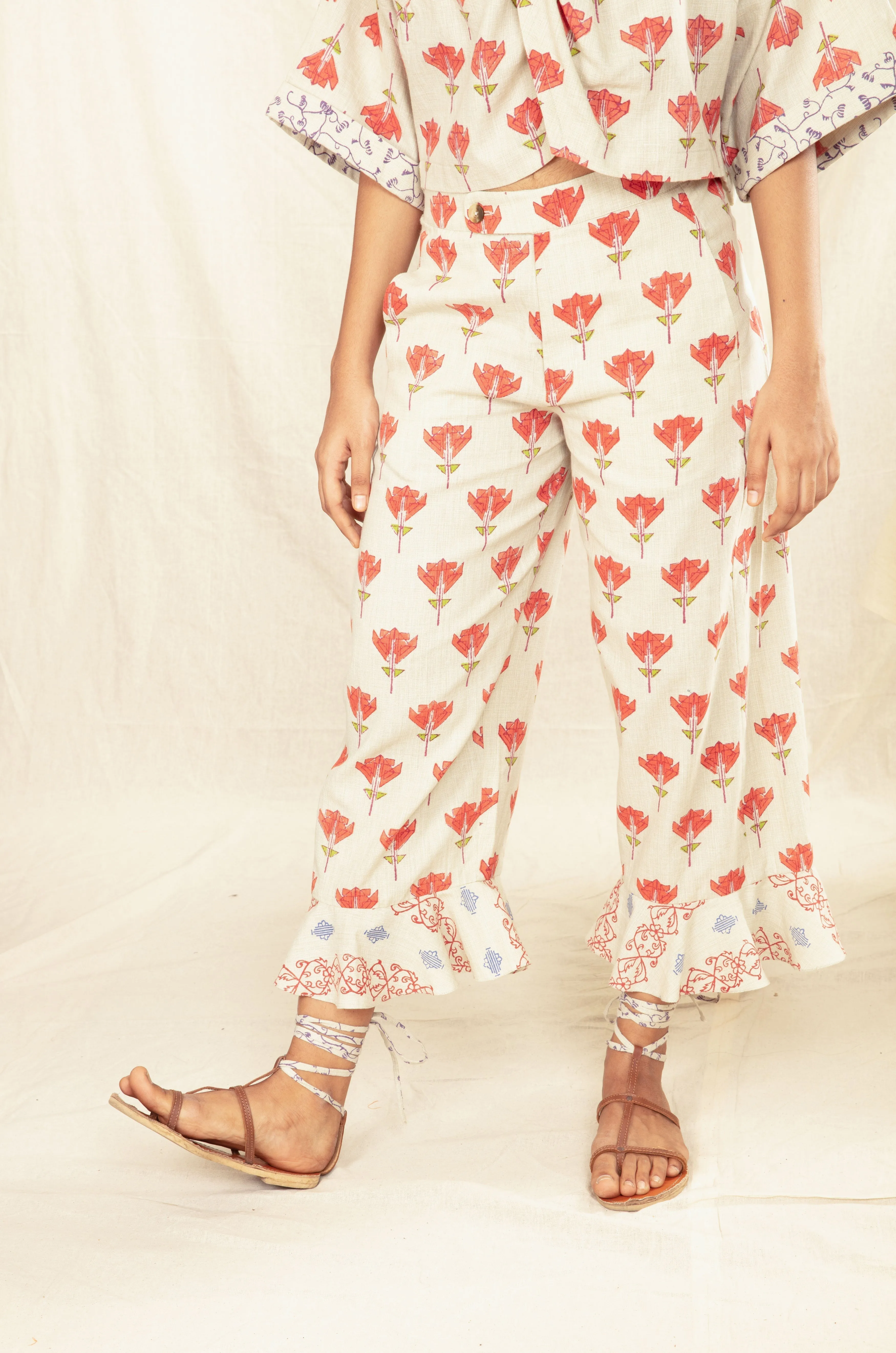 Multicolor Block Print Culotte Pants with Ruffles