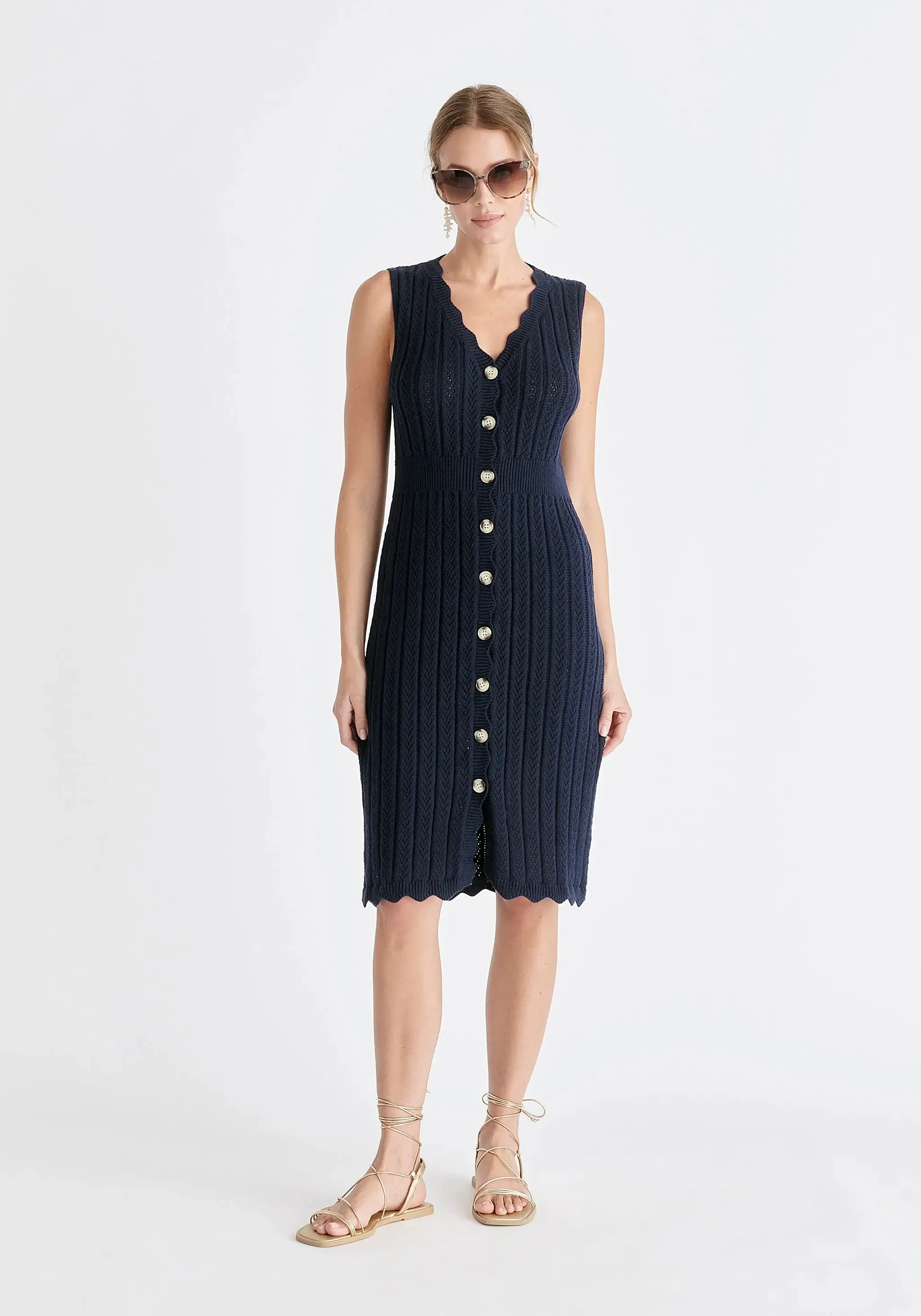 Navy Pointelle Knitted Dress