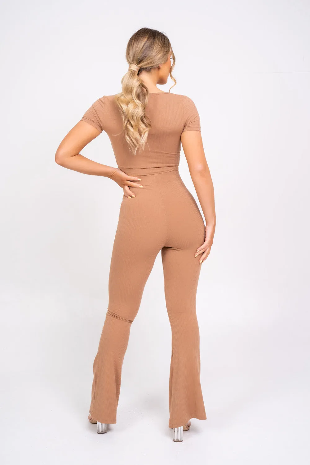 Never Endin' Sand Ribbed Two Piece Tie Front Top High Rise Flare Wide Trousers Co-ord Set